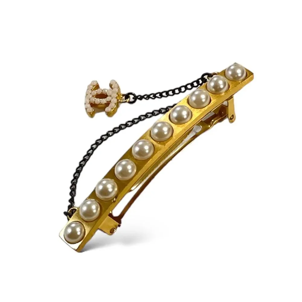 CHANEL Gold-Tone Vintage CC Logo & Faux Pearl French Snap Clip Barrette